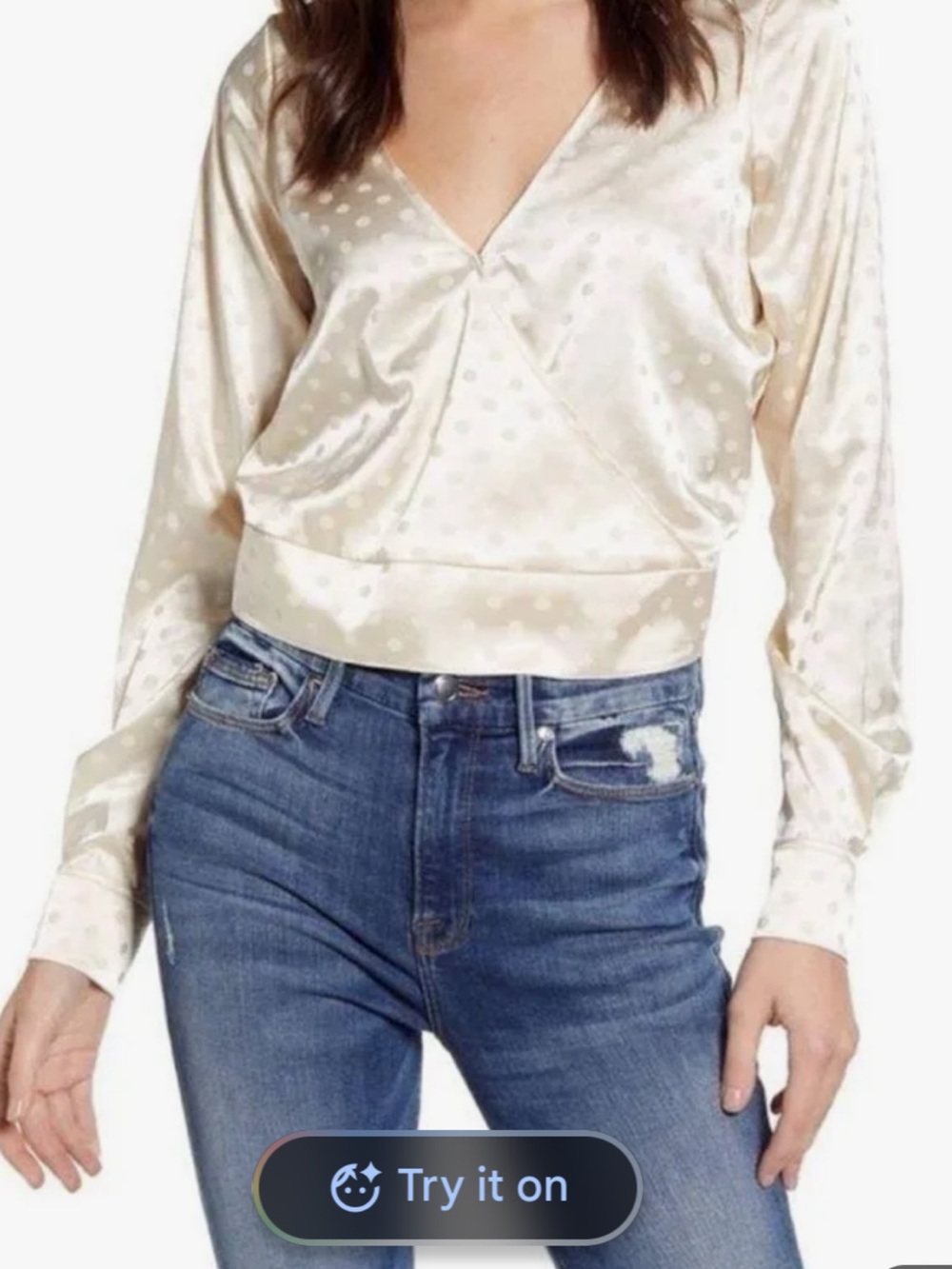 Good American Satin Polka Dot V-Neck Long Sleeve Top - Cream